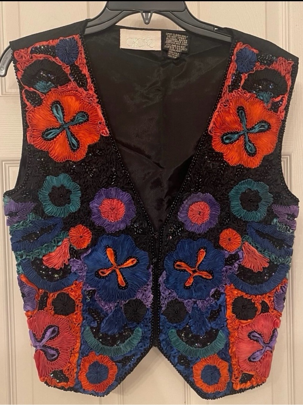 Vintage Cache Vest Silk ribbon, sequins, beads  Black Floral Sequin Vest Medium